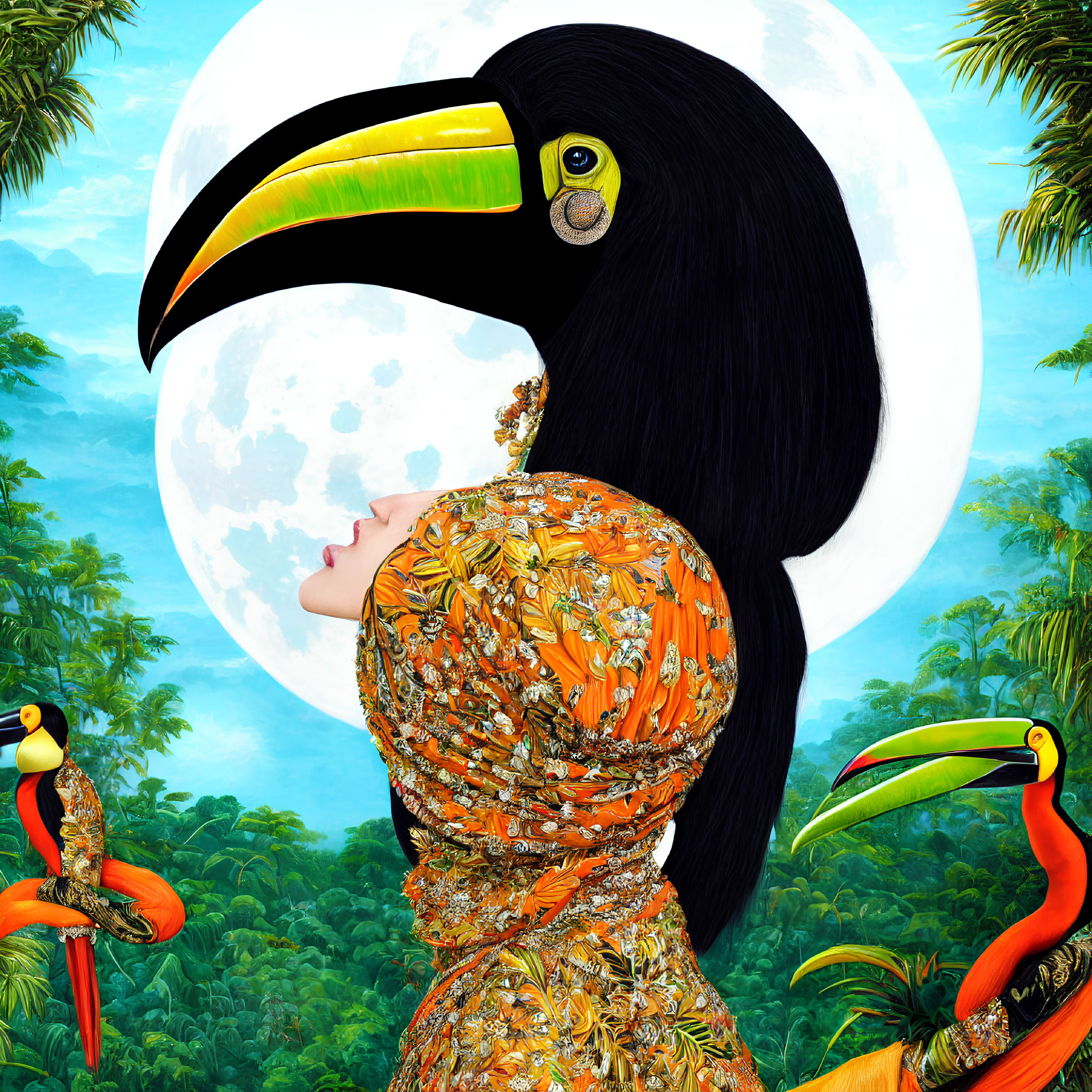 Colorful Woman Silhouette with Toucan Head in Jungle Scene