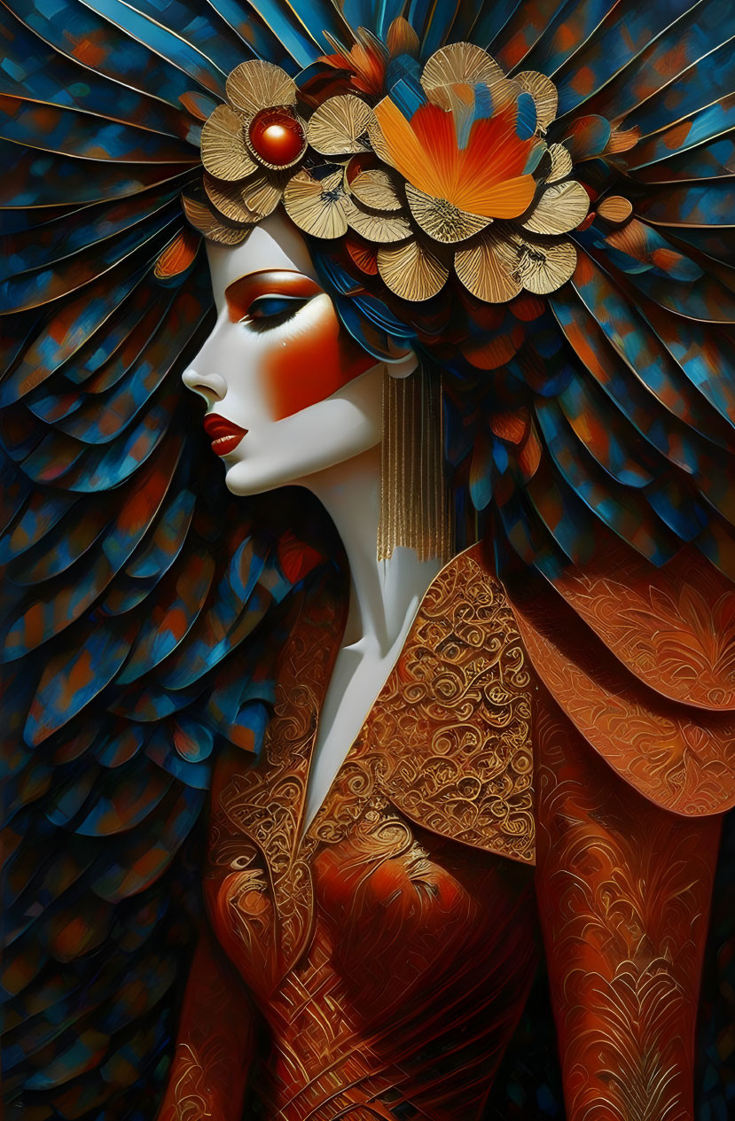 Illustrated woman in peacock feather headdress and gold jewelry on dark background