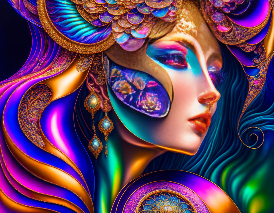 Colorful surreal portrait of a woman with swirling hair and intricate patterns.