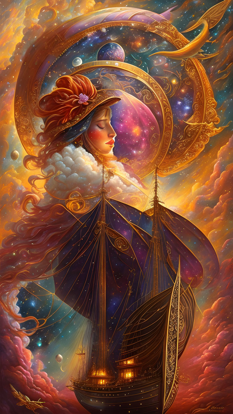 Ethereal woman's portrait with cosmos theme, sailing ship, celestial bodies, vibrant clouds