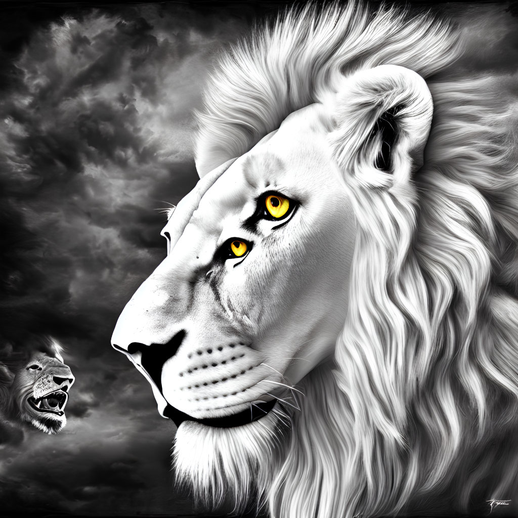 Majestic lion with yellow eyes in monochrome against dramatic clouds