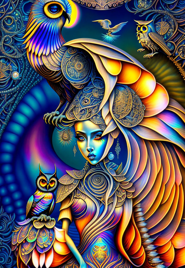 Colorful Psychedelic Artwork: Blue-Skinned Woman Surrounded by Birds