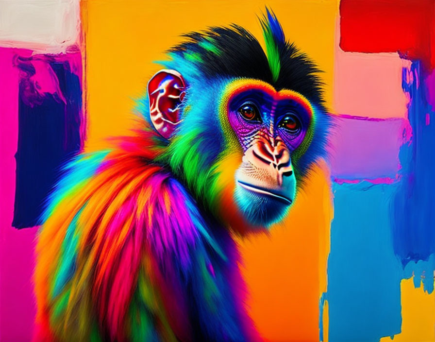 Vibrant Rainbow Mandrill Artwork on Abstract Background