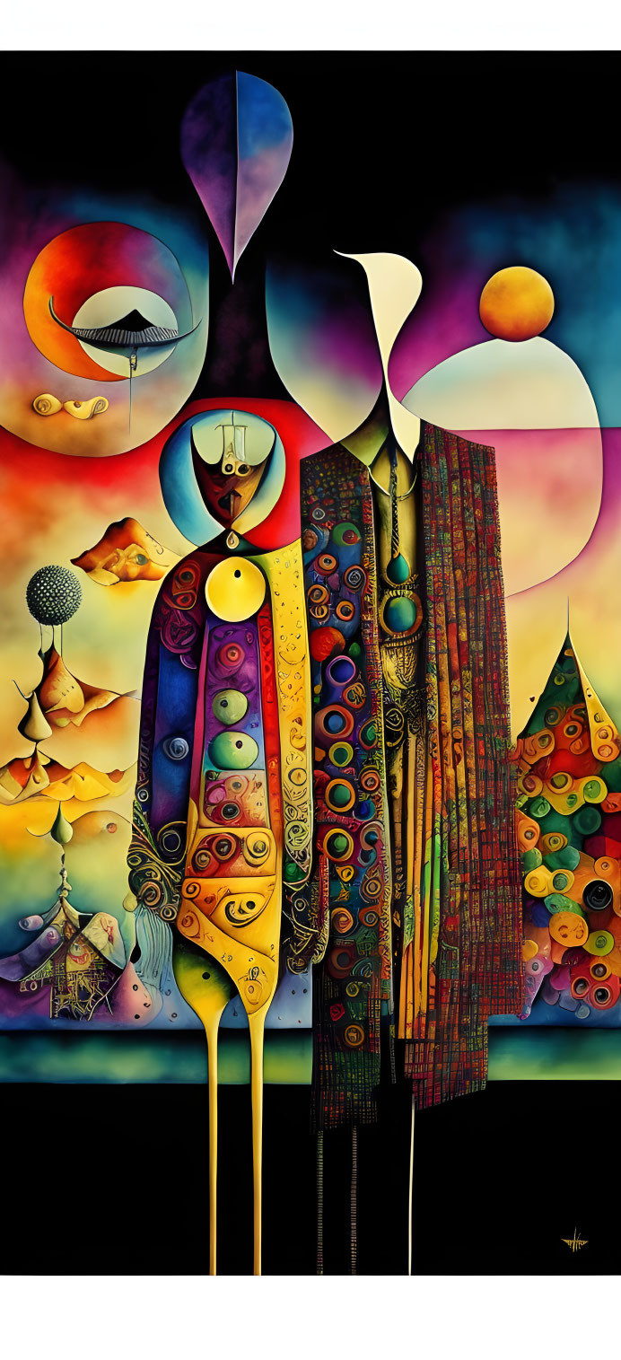 Colorful Abstract Artwork Featuring Stylized Figures and Surreal Landscape