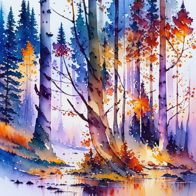 Autumn-themed watercolor painting of a serene forest scene