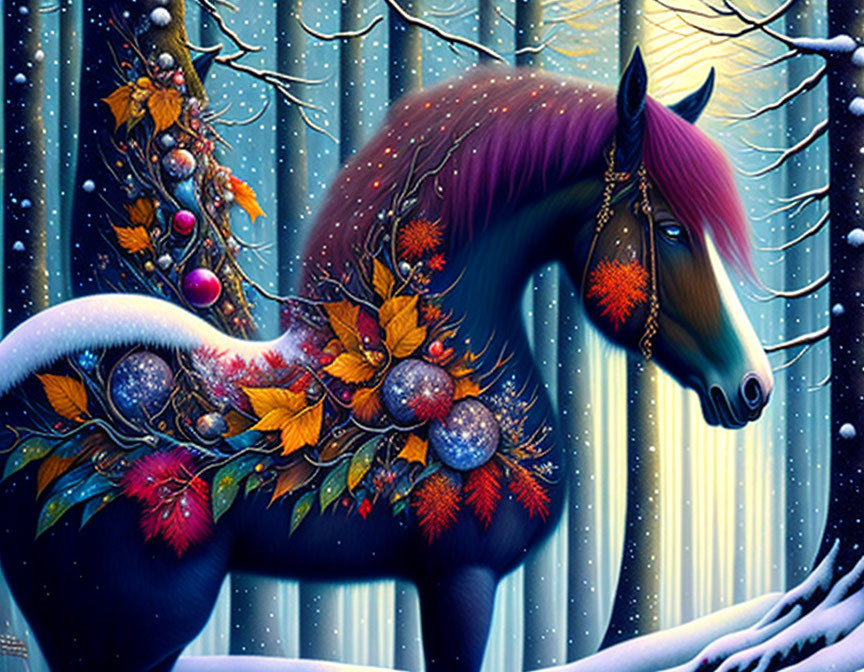 Vibrant horse illustration with autumn leaves, Christmas ornaments, snowy forest, and falling snowflakes