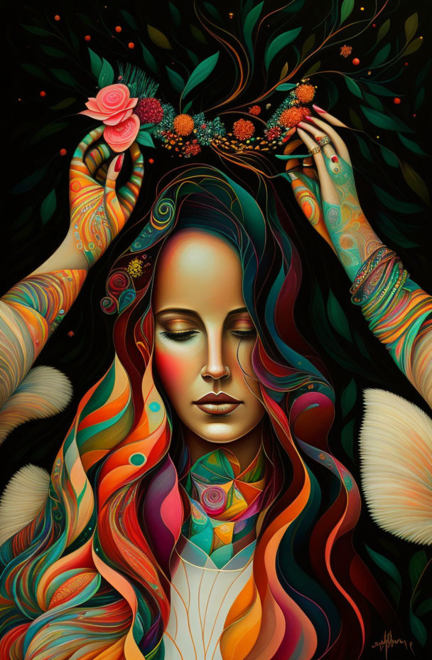 Colorful Stylized Portrait of Woman with Flowing Hair and Floral Garland