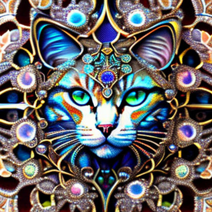 Colorful Psychedelic Cat Art with Symmetrical Patterns