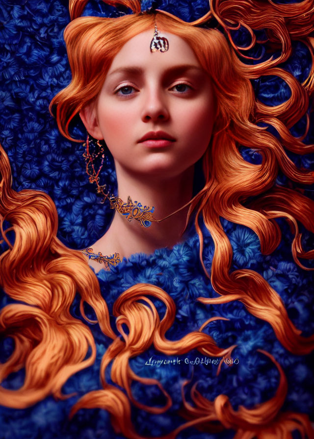 Portrait of Woman with Red Hair and Jewelry on Blue Floral Background