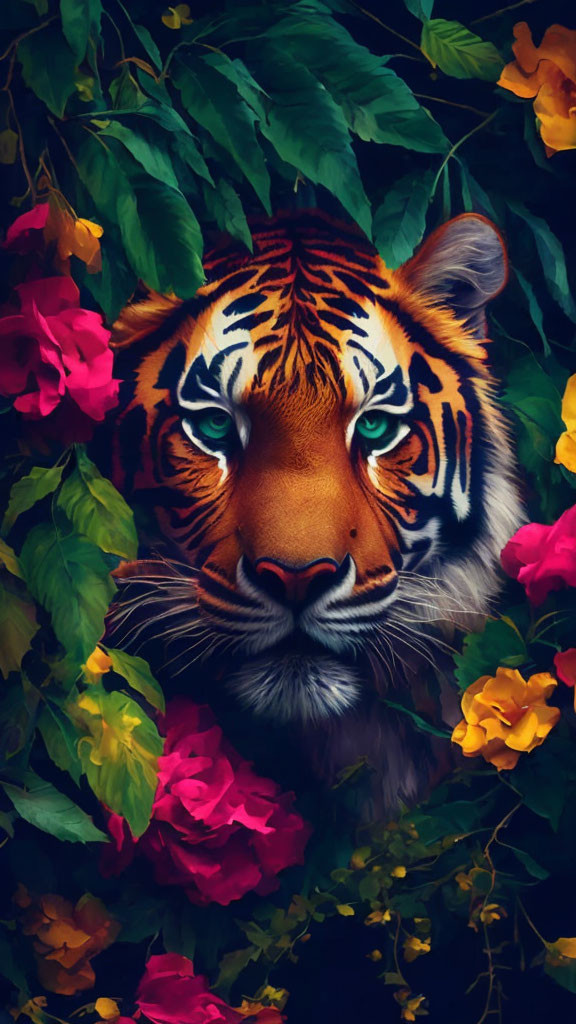 Tiger face surrounded by green leaves and colorful flowers