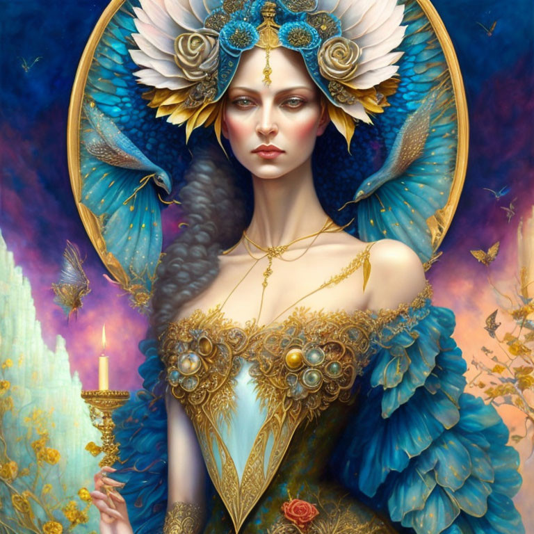 Regal woman illustration with feathered headdress and golden jewelry