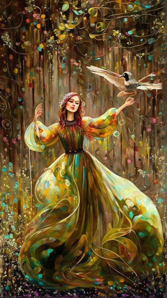 Woman in colorful dress in enchanted forest with bird and sparkling lights