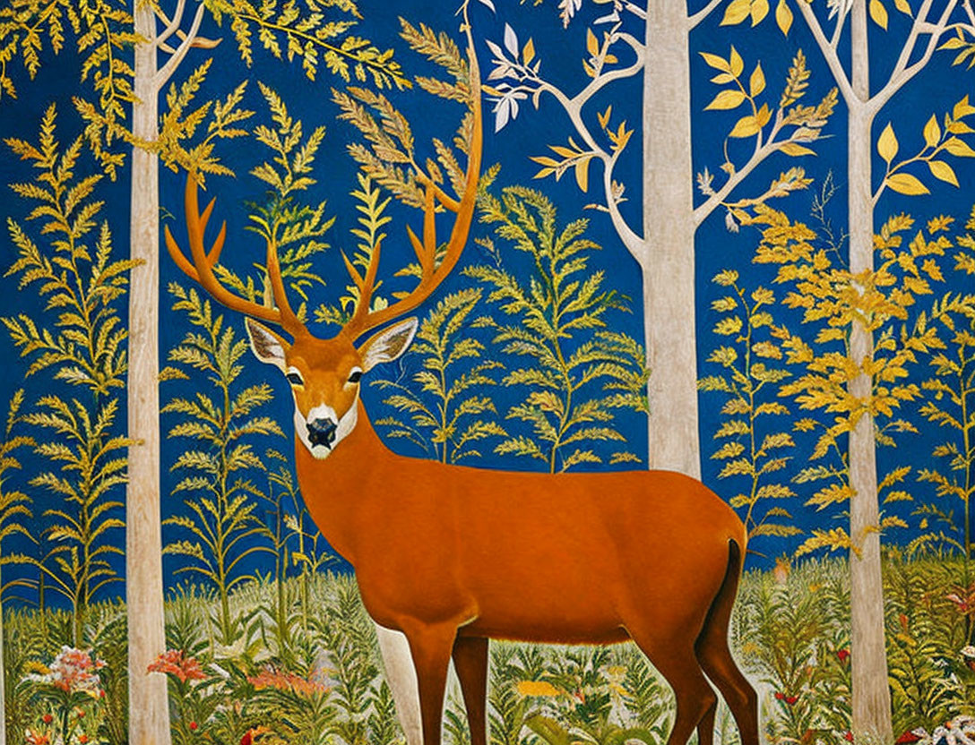 Majestic deer with prominent antlers in stylized forest setting