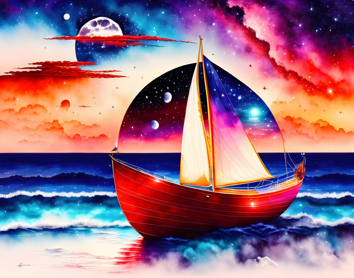 Vibrant digital artwork: red sailboat on ocean with cosmic sky