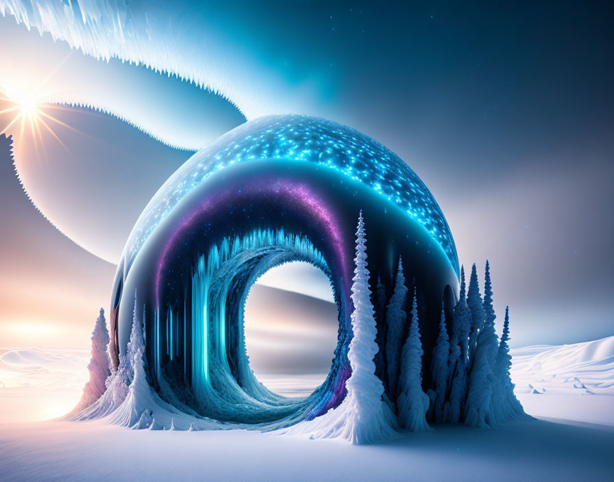 Surreal cosmic portal in snow-covered landscape