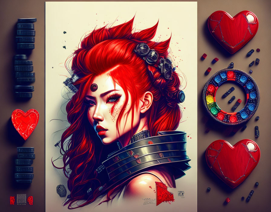 Red-headed female with punk hairstyle and mechanical parts, tattoo needles, and ink.