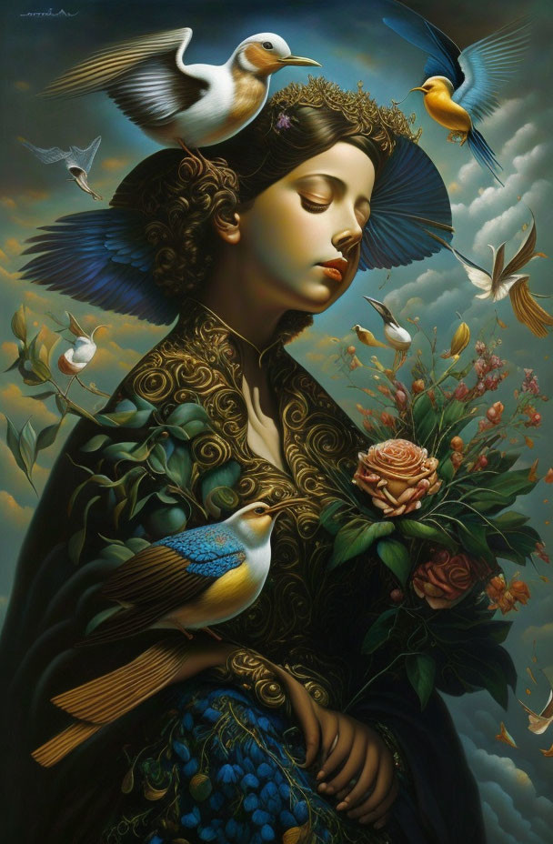 Serene woman with birds and flowers in rich, ornamental painting