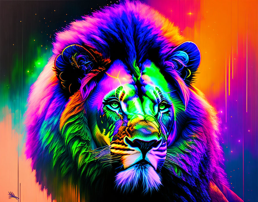 Colorful Lion's Head Artwork with Neon Hues on Black Background