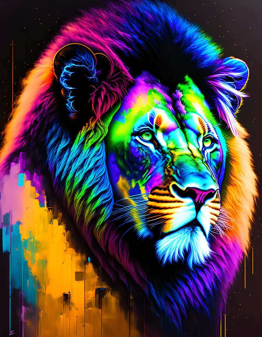 Colorful Lion Head Illustration with Neon Hues on Starry Background