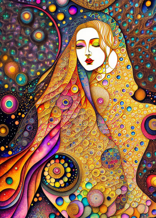 Colorful psychedelic art: Woman's face in cosmic cloak