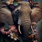 Vibrant flower and butterfly adorned elephant on dark mystical background