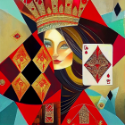 Colorful Queen of Diamonds Playing Card Artwork with Geometric Patterns