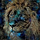 Colorful Lion Illustration with Ornate Feather-like Mane and Jewel-like Embellishments