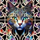 Symmetrical cat face digital collage with jewel-like details