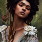 Woman portrait with flowers and butterfly, nature-inspired ambiance