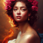 Regal woman with golden crown and fiery hair amidst mystical glow