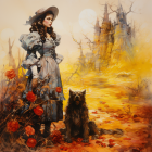 Woman in vintage dress with black cat in autumn flowers by misty castle