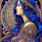 Colorful illustration: Woman with blue hair and lotus in front of mandala