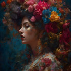 Woman in vibrant floral headdress and garment on dark blue backdrop