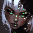 Detailed illustration of woman with white hair, gold jewelry, piercings, green eyes