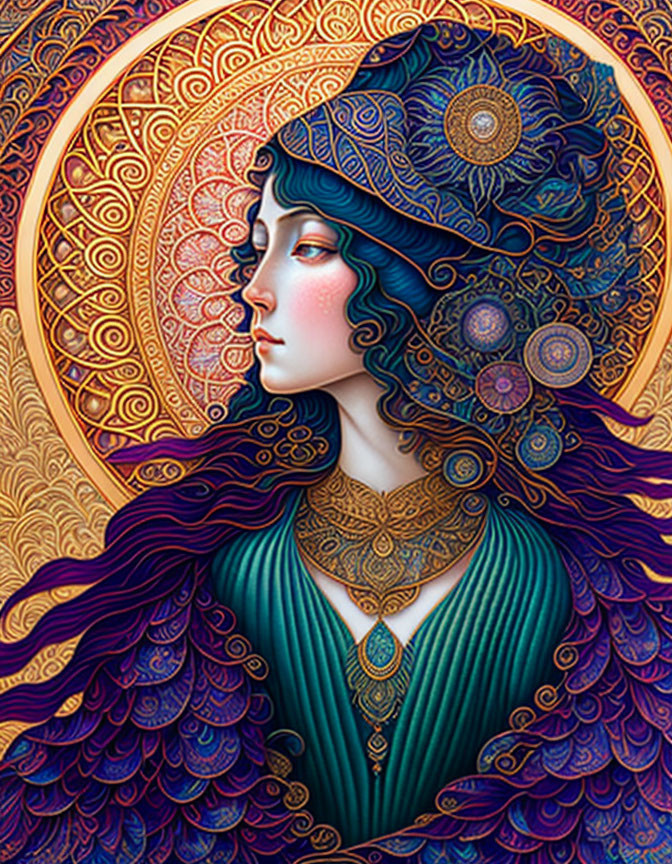 Stylized illustration of woman with purple hair and golden headwear