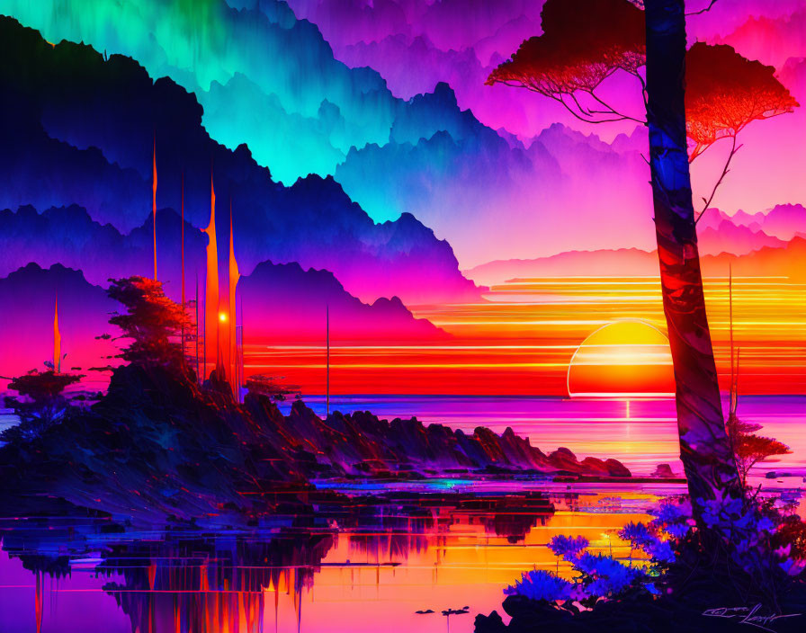 Surreal landscape digital artwork: large setting sun, calm sea, vivid purple mountains, neon-l