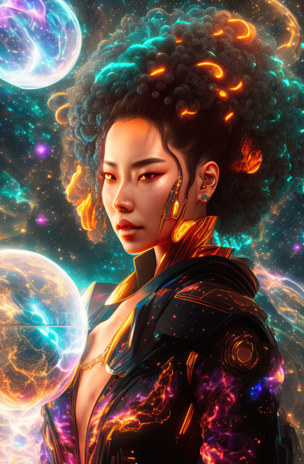 Futuristic digital artwork: Woman in cosmic attire with planets and stars.