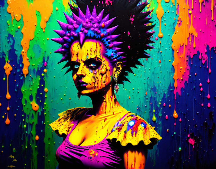 Colorful portrait of a person with punk hairstyle in neon paint background