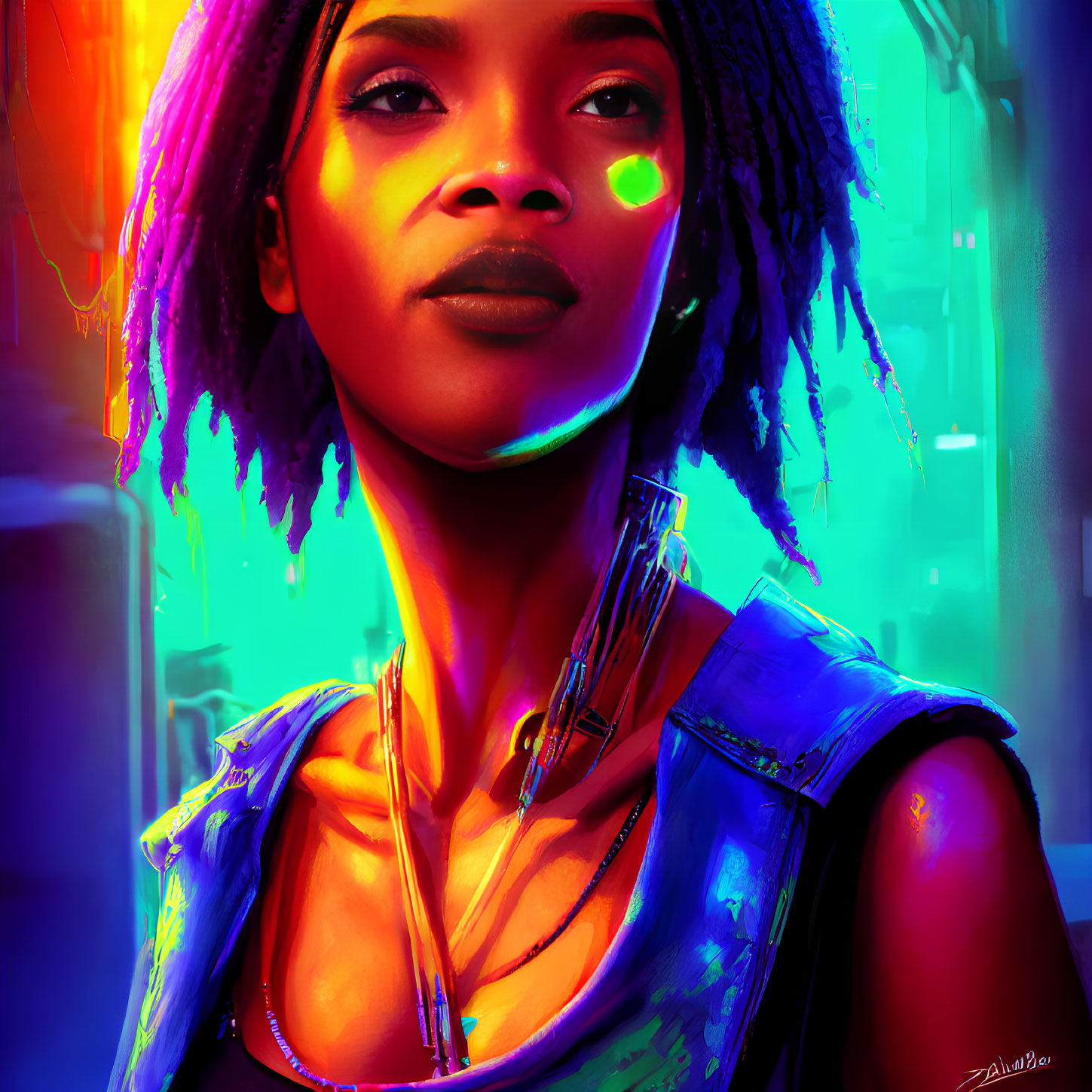 Portrait of Woman with Purple Dreads and Cybernetic Neck Enhancements