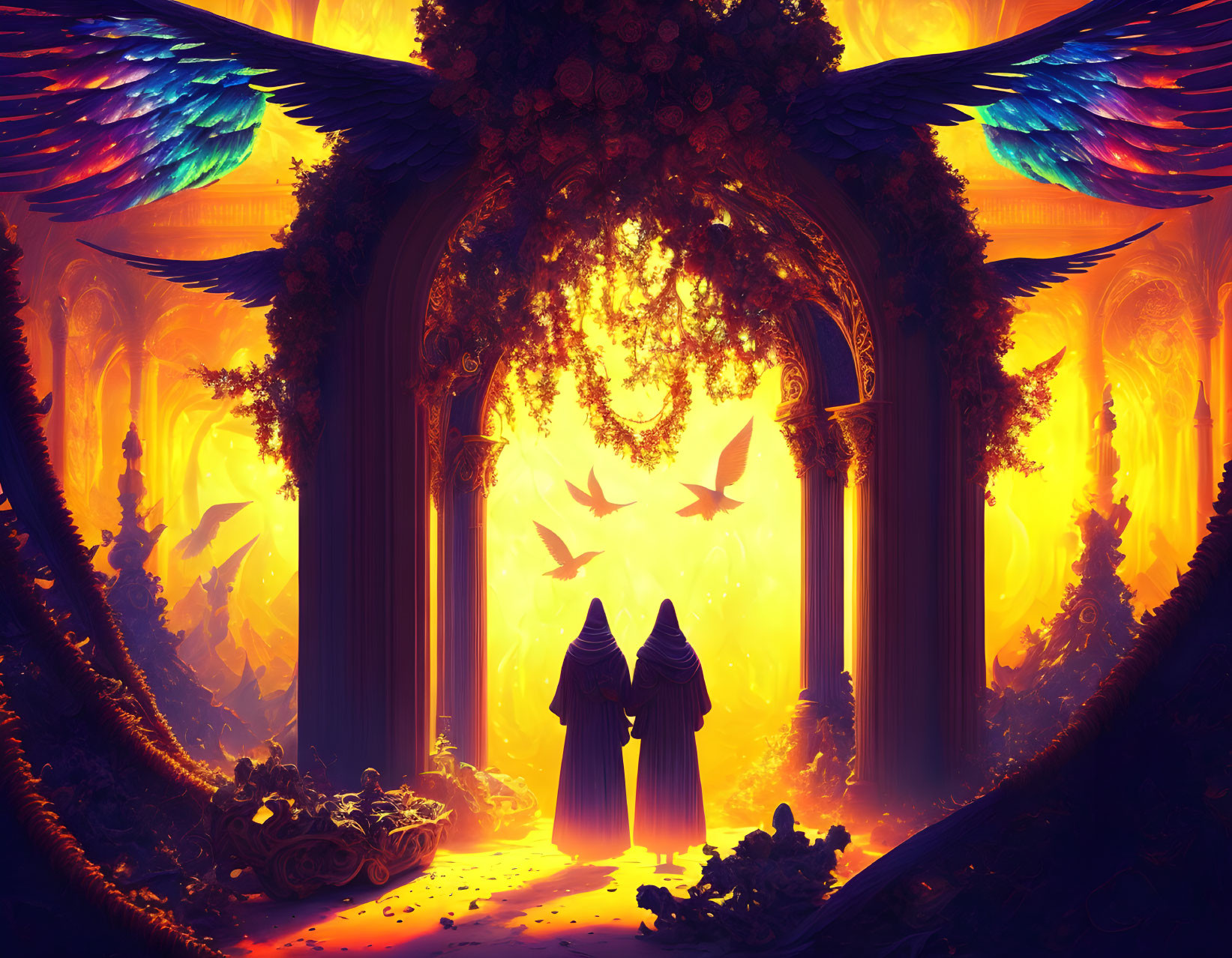 Vibrant fantasy scene with robed figures and ornate archway surrounded by nature