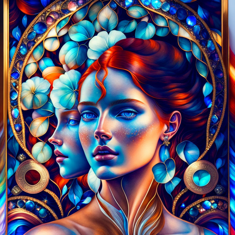 Colorful digital artwork featuring two women surrounded by floral and celestial motifs