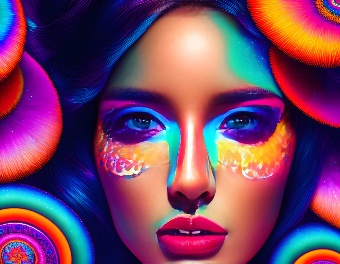 Colorful digital portrait of a woman with psychedelic patterns and striking eyes.