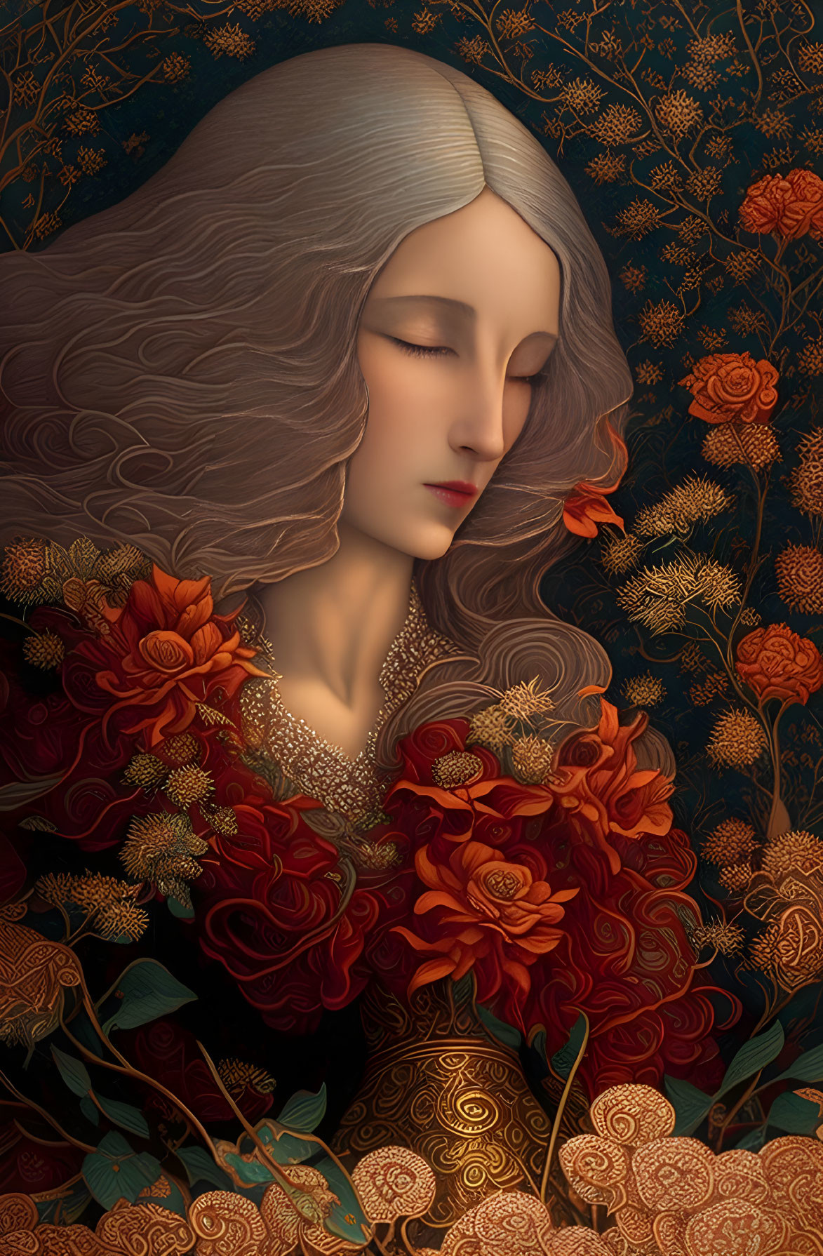 Detailed Illustration of Woman with Gray Hair and Red Flowers on Dark Background