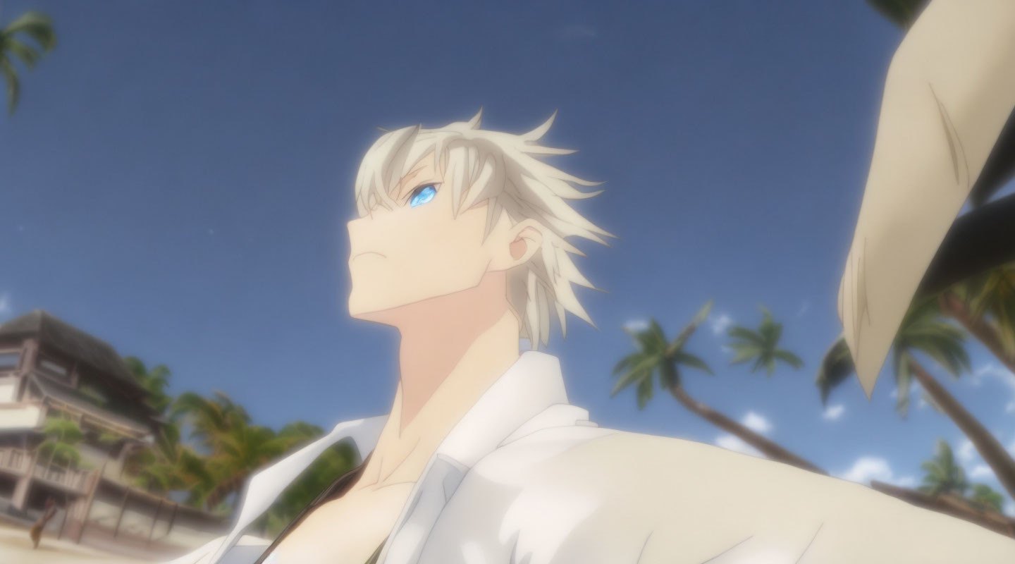 White-Haired Animated Character in Open Shirt with Blue Eyes