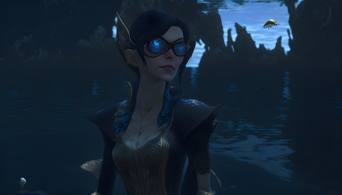 Fantasy elf with blue glasses in mystical environment