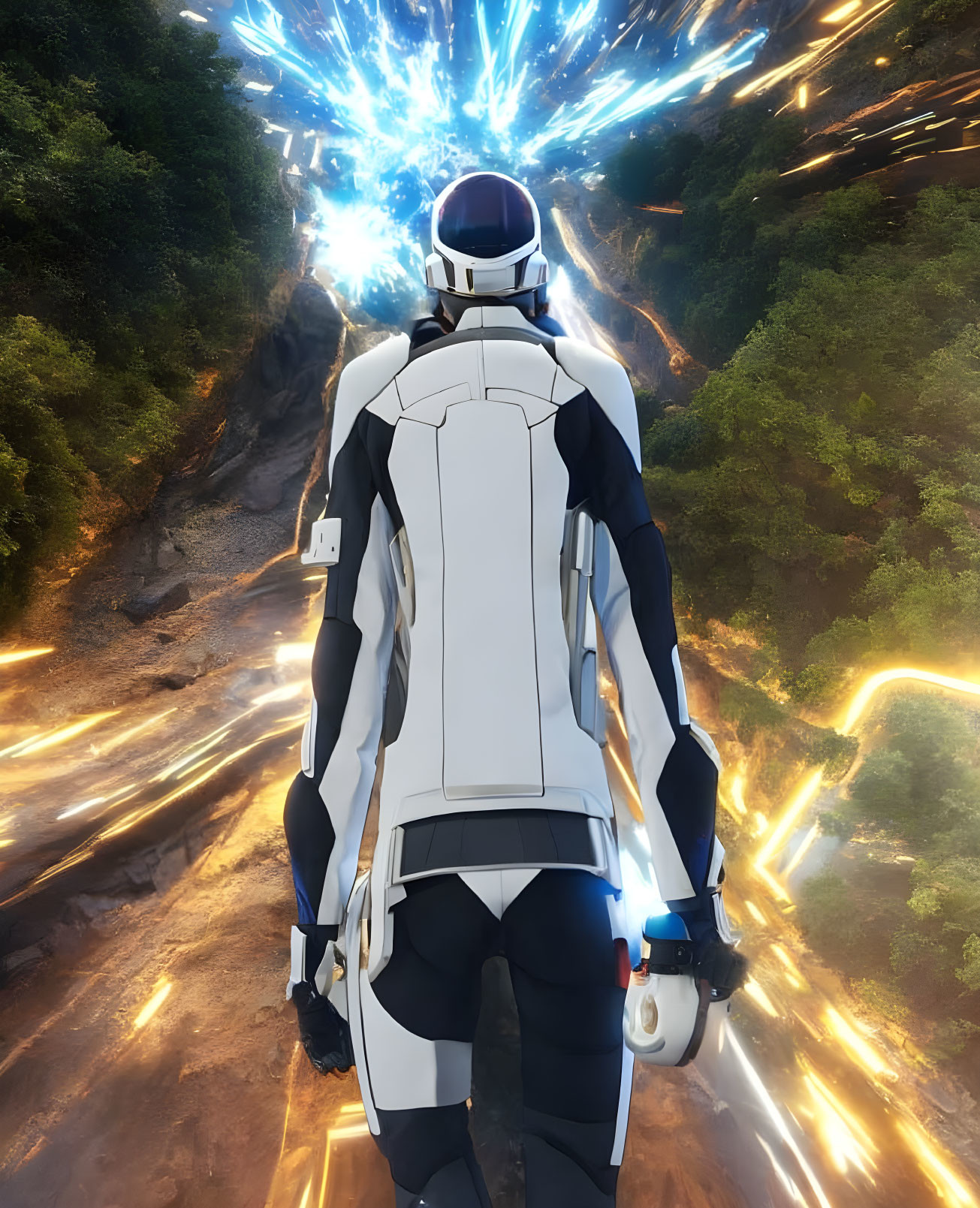 Futuristic rider in white-and-black suit faces explosive light on forest path