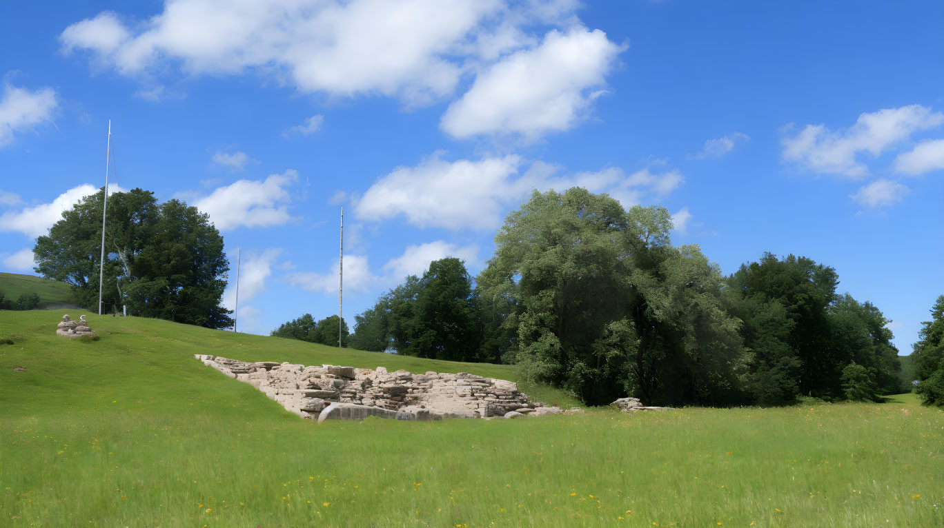 Sunny Park with Green Grass, Stone Ruins, Trees, and Blue Sky