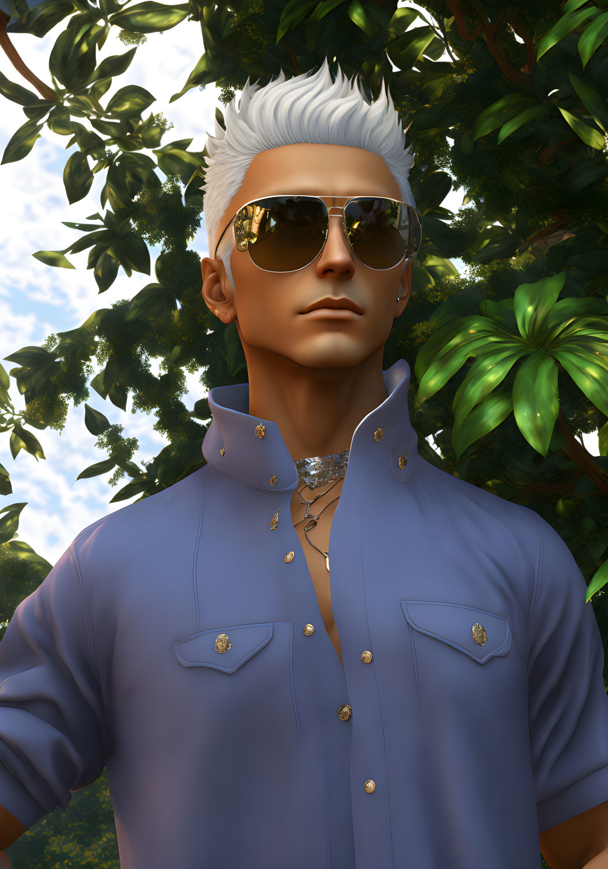 Silver-haired man in blue shirt and sunglasses against green leaves and clear sky