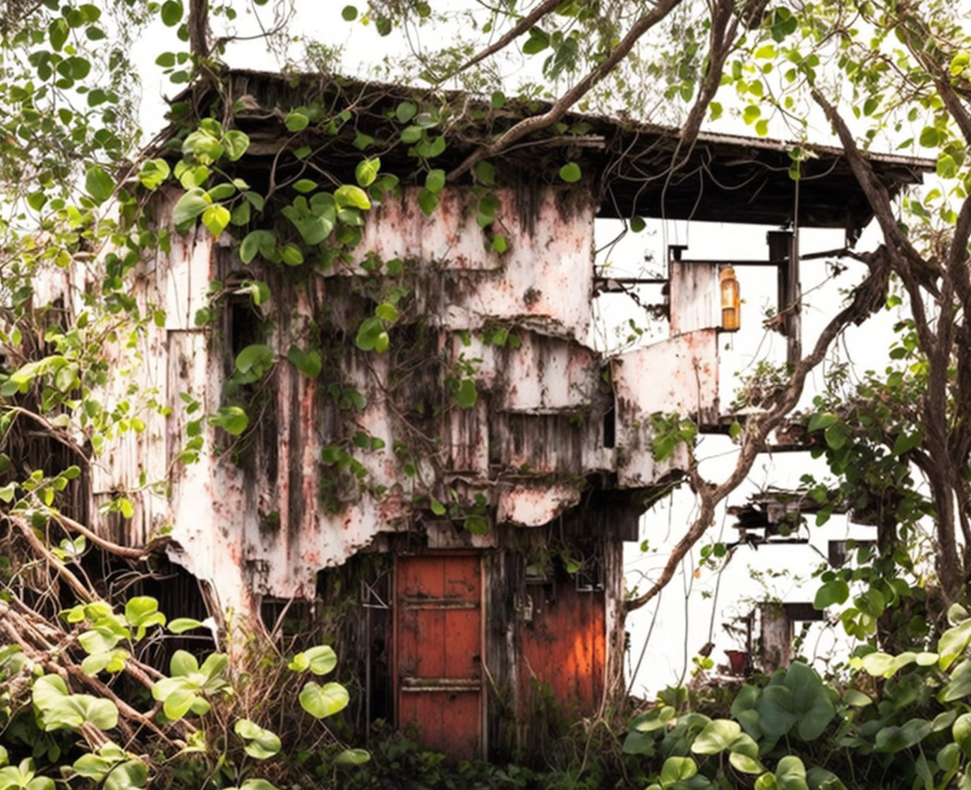 Abandoned building with rusted metal walls in dense foliage