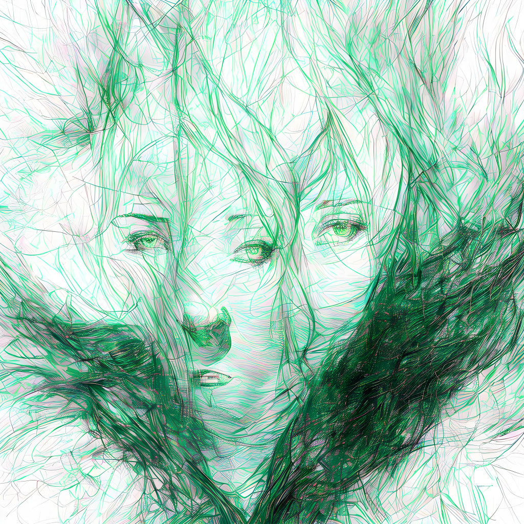 Green-hued abstract digital artwork: Overlapping faces with expressive lines